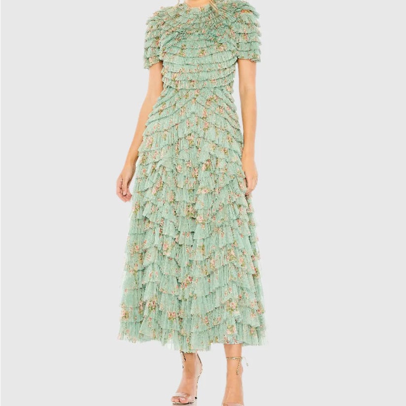 Mac Duggal Mint Green Floral Tiered Midi Dress